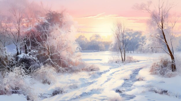 Paisaje panorámico de invierno Mañana de invierno de un nuevo día Paisaje de invierno púrpura con amanecer creado con tecnología Generative Al