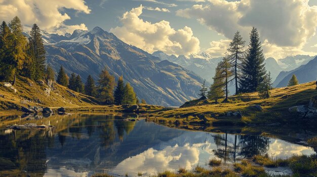 Foto paisaje panorámico del lago de montaña