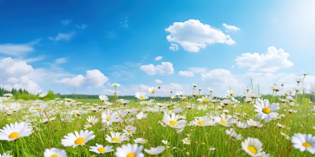 Paisaje panorámico natural colorido con muchas flores silvestres de margaritas contra el cielo azul
