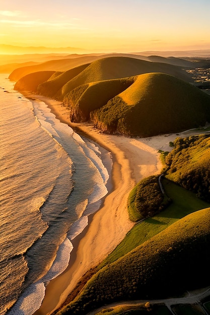 Paisaje panorámico de nubes sobre la verde orilla del mar generado por AI