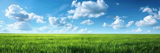 Paisaje panorámico de pastizales Vista de un campo verde bajo el cielo de verano con nubes