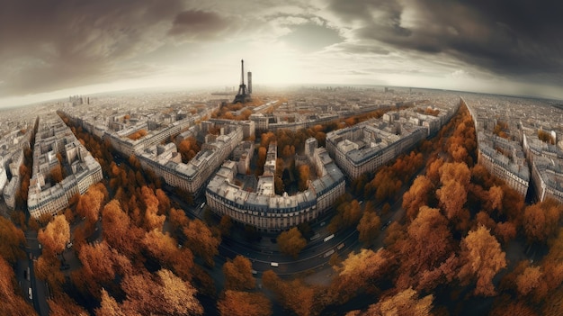 paisaje panorámico ultra amplio 16k vista de drone impresionante escena de vista por encima del hombro otoño paris