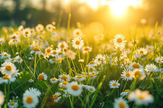 Paisaje panorámico de verano con flores al amanecer.
