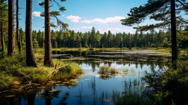 Foto el paisaje del pantano de un lago, el bosque de pinos sereno y los paisajes delicadamente representados