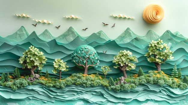 Paisaje de papel con árboles montañas y sol hecho de papel arte de papel