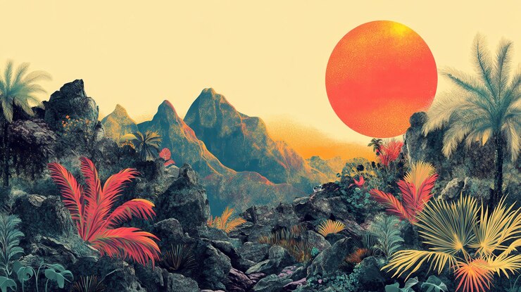 Paisaje paradisíaco tropical con un sol gigante que se pone sobre las montañas