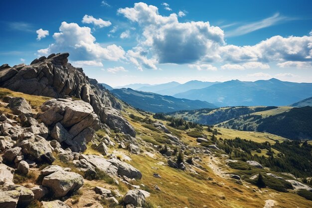 Foto paisaje del paraíso de senderismo schneeberg pico de la montaña con rocas de la montaña nubes y cielo azul