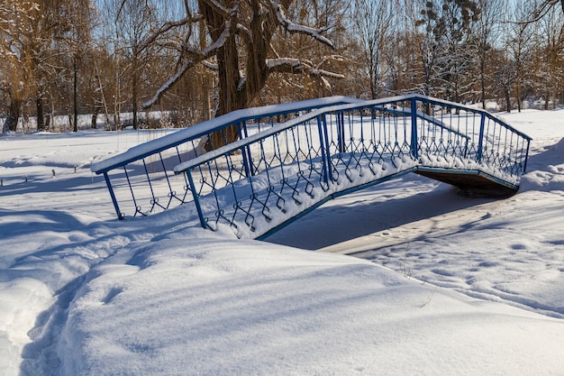 Paisaje con parque de la ciudad cubierto de nieve en un brillante día soleado de invierno Puente peatonal de hierro sobre un río congelado en la nieve Ciudad de Smila Ucrania