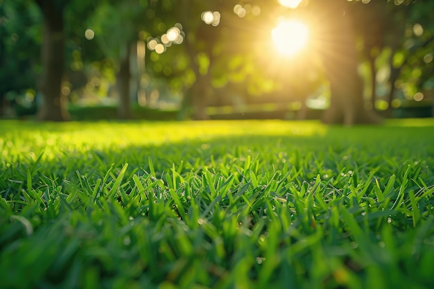 Paisaje del parque Jardín verde refrescante con campo de hierba exuberante en la hermosa luz de la mañana