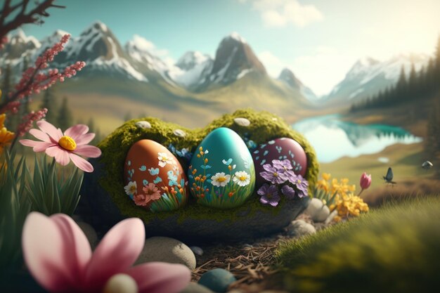 Paisaje de Pascua con huevos de Pascua y flores en el fondo de la montaña IA generativa