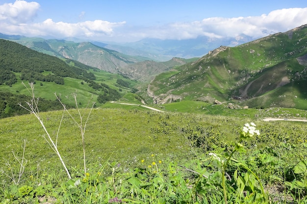 El paisaje del paso verde Aktoprak en el Cáucaso el camino y las montañas bajo nubes grises