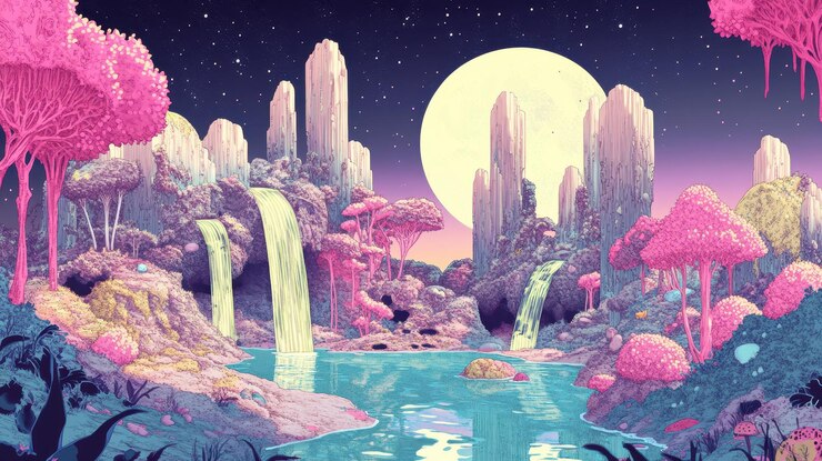 Paisaje pastel surrealista con cascadas y luna