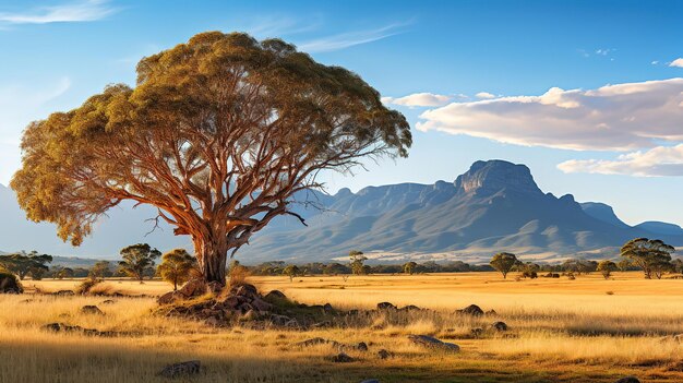 Paisaje de pastizales dorados en el arbusto con grandes árboles con montañas Grampians Generative Ai