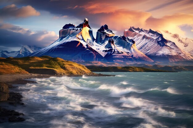 Foto paisaje de la patagonia de la montaña de los andes en torres del paine, chile