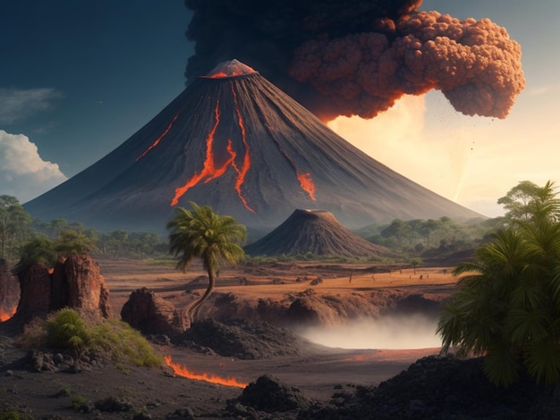 Paisaje del período jurásico con volcán en erupción