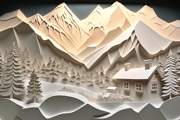 Paisaje con pinos de cabañas de troncos y montañas congeladas en estilo de recorte de papel IA generativa