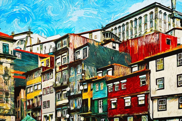 Paisaje pintado al óleo de Oporto, Portugal