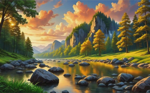 paisaje pintoresco naturaleza dorado atardecer río poderosas rocas bosque verano nubes