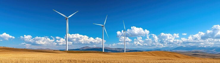 Un paisaje pintoresco con turbinas eólicas contra un cielo azul brillante que simboliza la energía renovable y la belleza natural