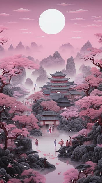 un paisaje pintura china que representa a la gente son actividades