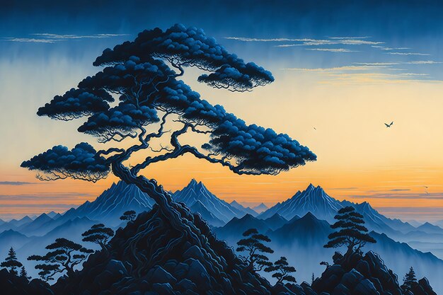 paisaje pintura montañas nubes bonsai árbol