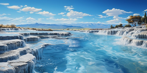 paisaje con piscinas de travertino y terrazas con agua azul