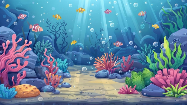 Un paisaje de piso náutico de dibujos animados con criaturas acuáticas tropicales y corales malezas y rocas fondo de arena de océano o acuario submarino profundo