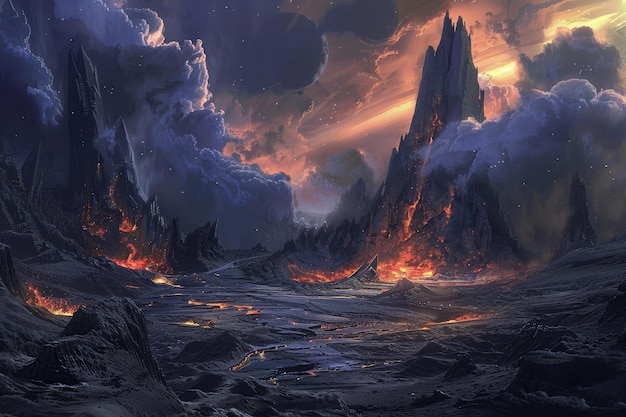 Paisaje de un planeta alienígena con actividad volcánica y una luna lejana
