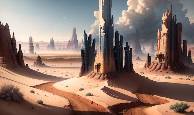 Paisaje de planeta alienígena con estructuras de alta tecnología arte digital juego mágico fondo de arte de pared IA generativa