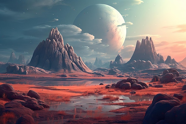 Paisaje de planeta alienígena con montañas y luna sobre el horizonte en estilo retro