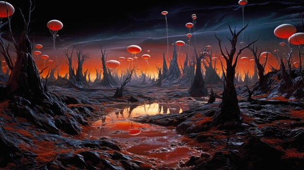 paisaje de planeta alienígena surrealista ciencia ficción fondo de escritorio de terrenos rocosos cristalinos luminescentes