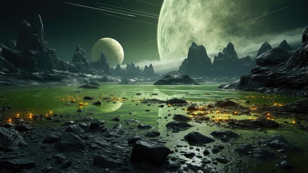 paisaje de planeta alienígena surrealista ciencia ficción fondo de escritorio de terrenos rocosos cristalinos luminescentes