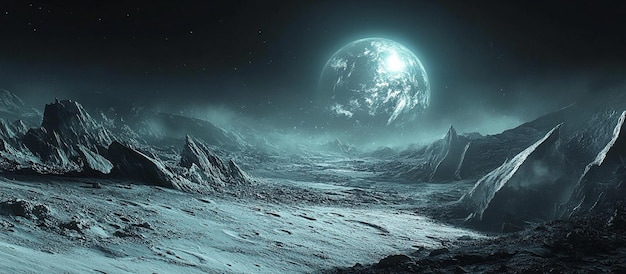 Paisaje de planeta alienígena con la Tierra lejana