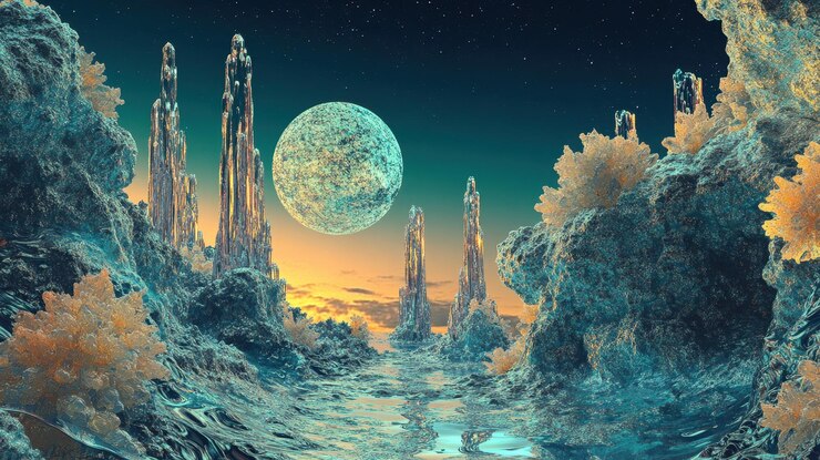 Paisaje de un planeta alienígena con torres de cristal y una gran luna