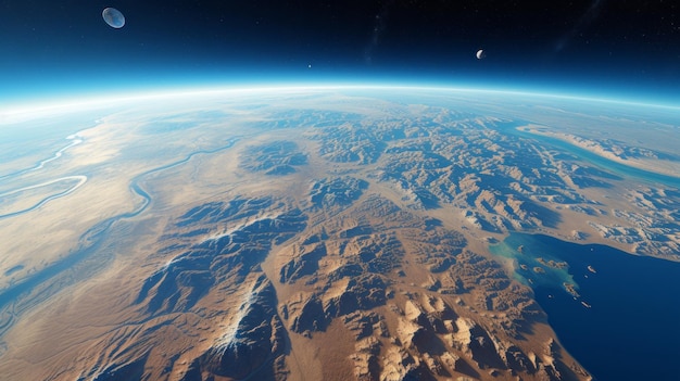 Paisaje de un planeta desértico árido con cañones y cráteres