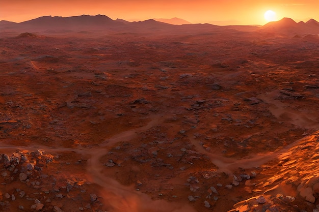 Un paisaje de un planeta con una montaña al fondo.