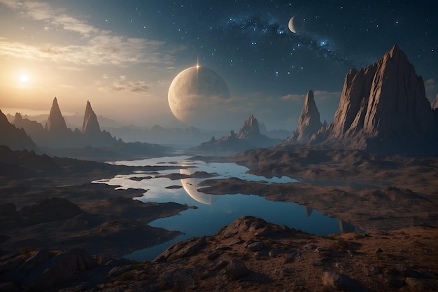 Un paisaje de un planeta por la noche