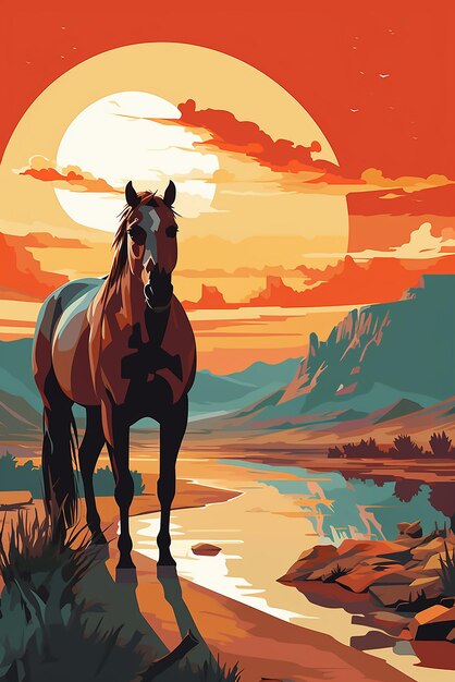 paisaje plano con caballo árabe al estilo de un diseño gráfico audaz y colorido cielo azul mínimo