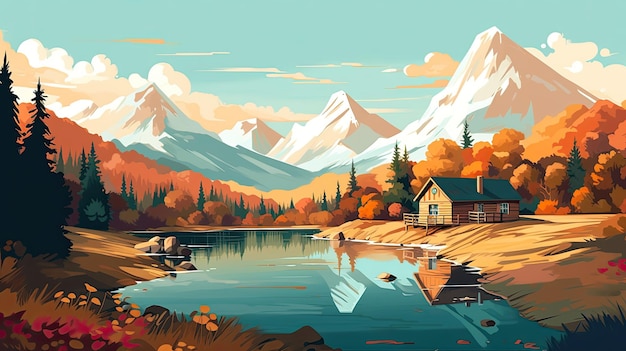 paisaje plano de vector mínimo lago con montañas color de otoño pequeña cabaña con hermosa puesta de sol