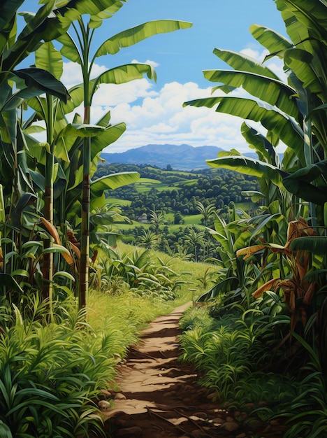 Paisaje con plantación de plátanos y cielo azul.