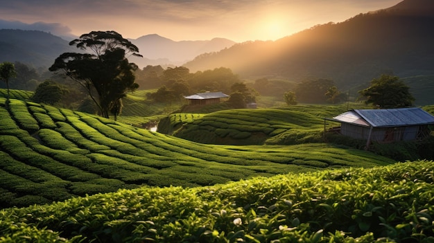 Foto el paisaje de la plantación de té en la hora dorada