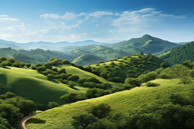 Foto paisaje de plantación de té verde con árboles y cielo azul