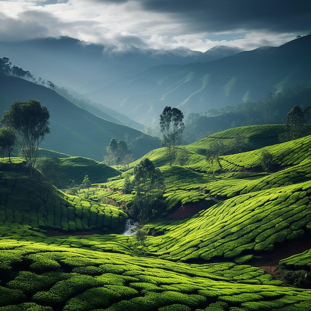 Foto paisaje de las plantaciones de té en kerala, india