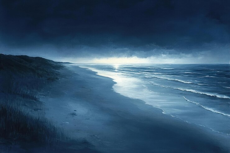 Paisaje de playa bajo un cielo oscuro