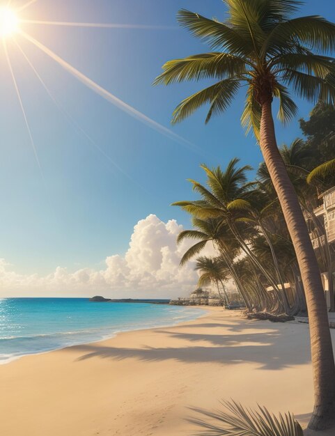 Paisaje de playa de ensueño en verano con un mar y palmeras en un brillante amanecer