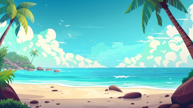 Paisaje de playa de mar con calma agua azul arena y rocas Ilustración moderna de la orilla arenosa de la laguna del océano Costa tropical vacía con palmeras Paisaje costero tropical aislado con