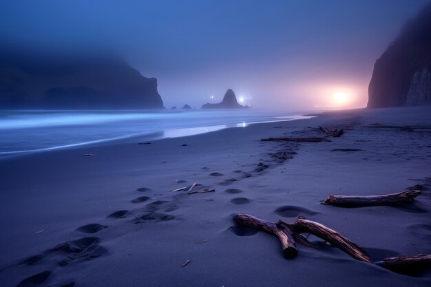 Paisaje de playa de niebla oscura