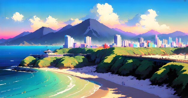 Paisaje Playa Océano Atardecer Ilustración de libro infantil IA generativa Fantasía Arte digital