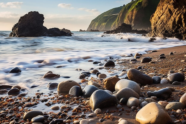 Paisaje de la playa de piha y las rocas altas con la gente caminando alrededor de ella bajo un cielo azul