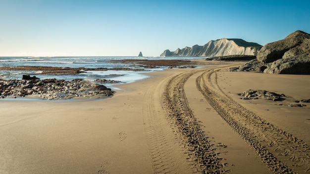 Paisaje de playa con senderos para quad en la arena